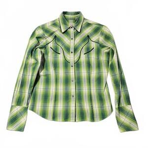 Roper Women S Pearl Snap Button Down Long Sleeve Blouse Green Plaid Western